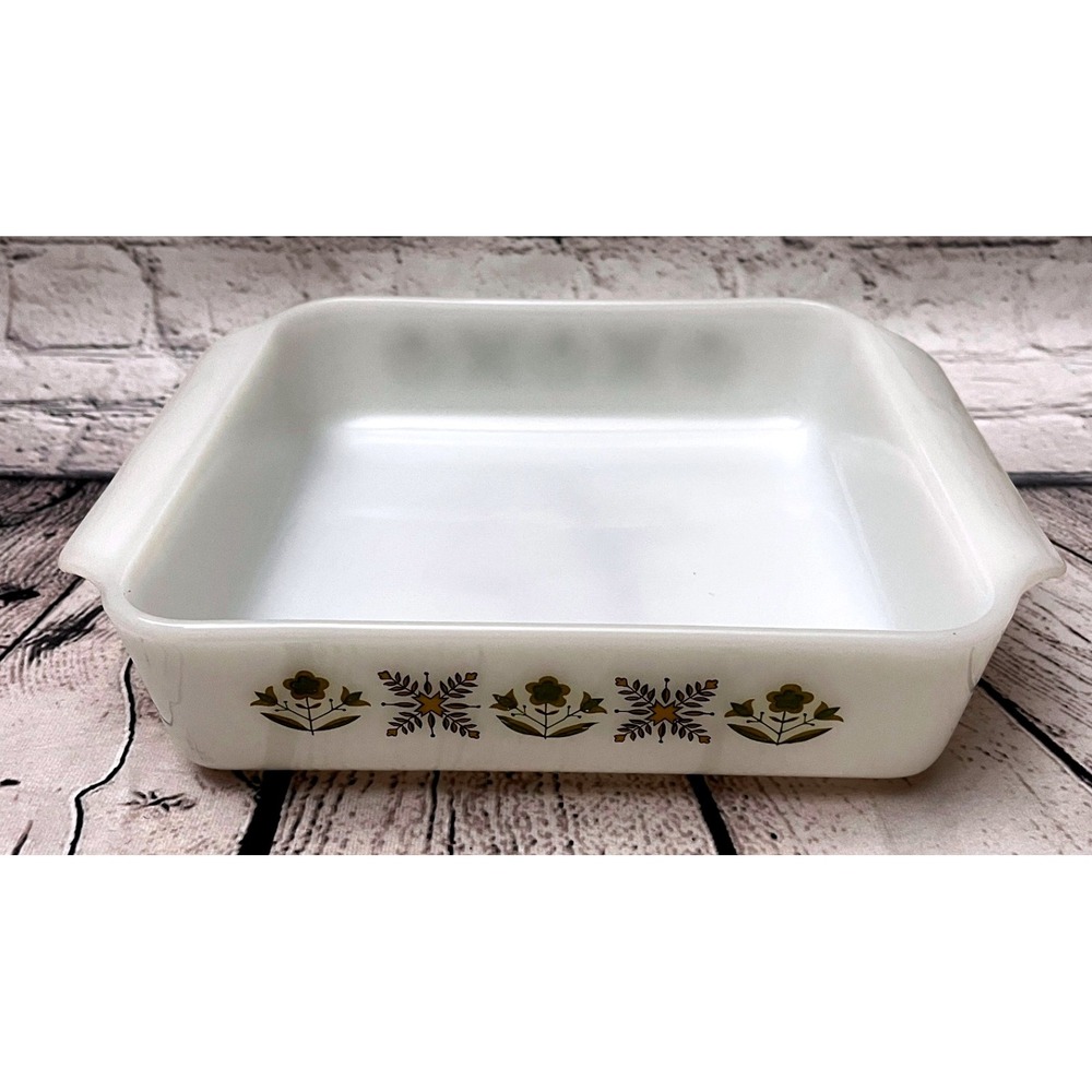 Vintage Anchor Hocking Fire King Milk Glass Meadows Baking Dish Square 8" #435